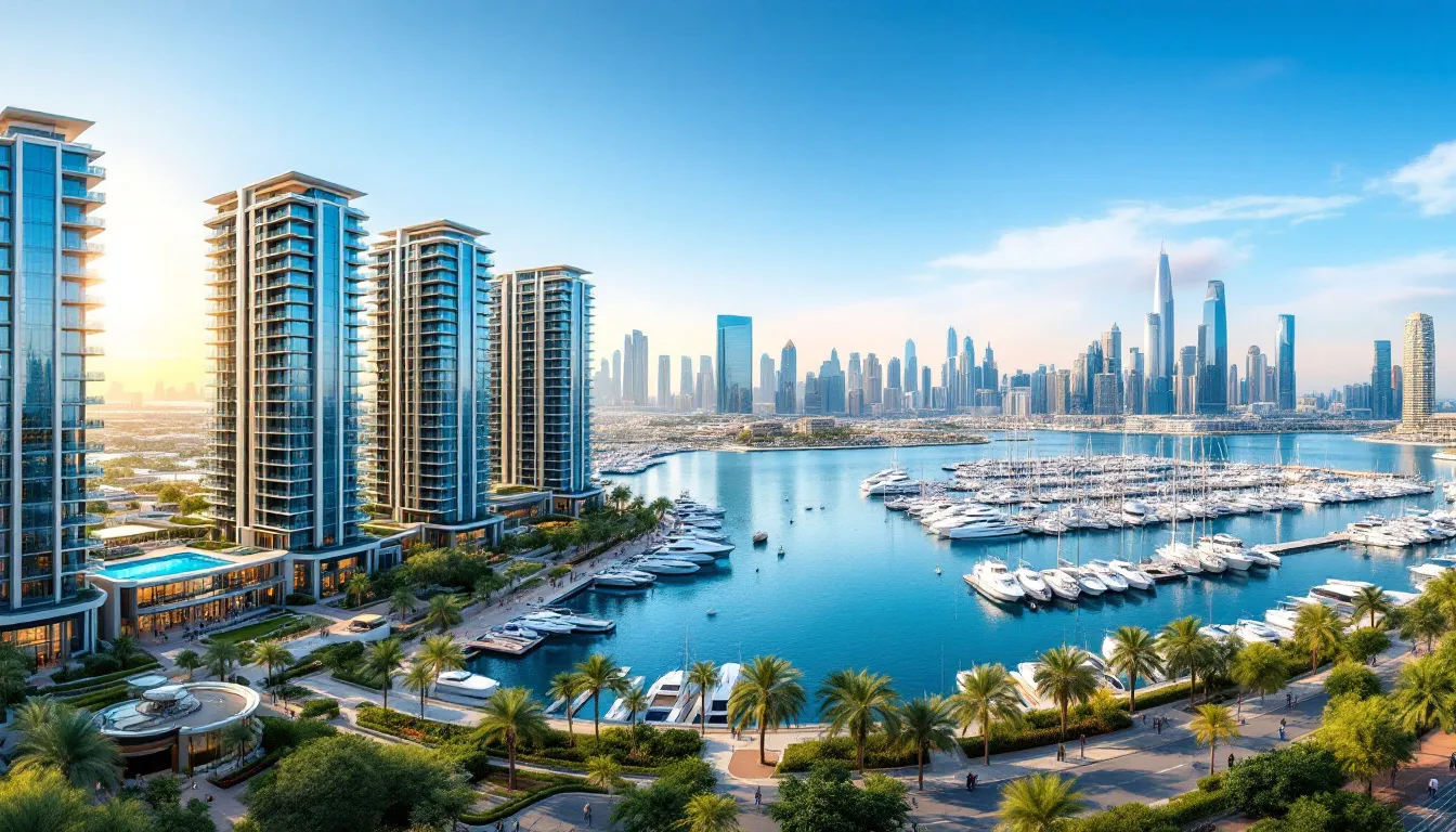 Evening view of Marina Cove residences illuminated along the waterfront.